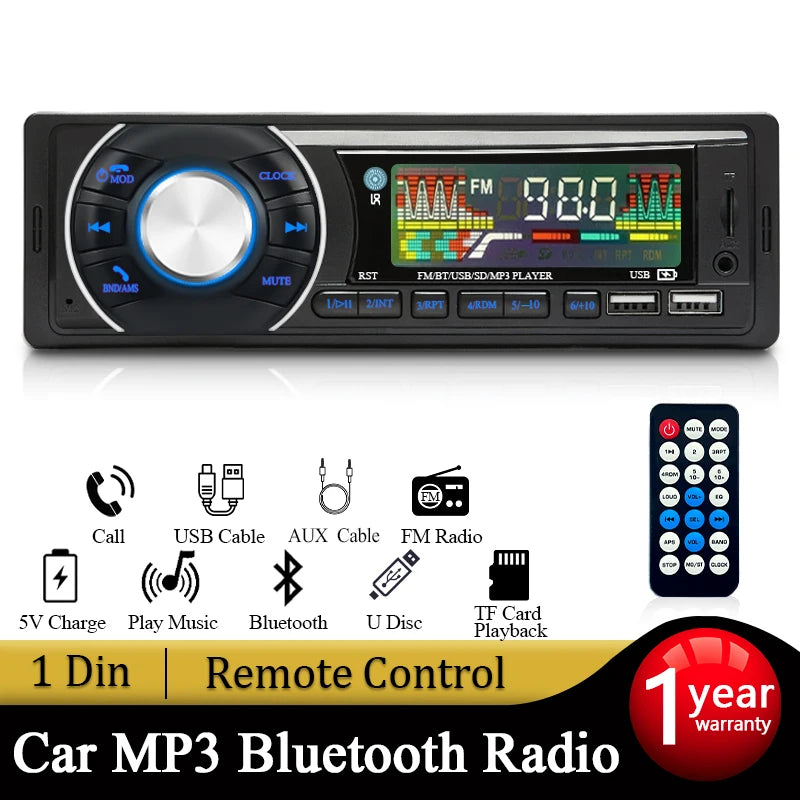 SINOVCLE - Radio de coche de 1 DIN con Bluetooth, reproductor de MP3 estéreo, receptor FM, 12 V, compatible con carga de teléfono, tarjeta AUX/USB/TF, kit para tablero