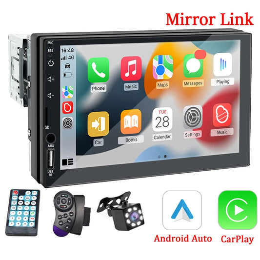 Radio de coche 1 Din Carplay Android Auto Reproductor multimedia HD Pantalla táctil de 7'' Entrada auxiliar FM Bluetooth MirrorLink Autoradio universal