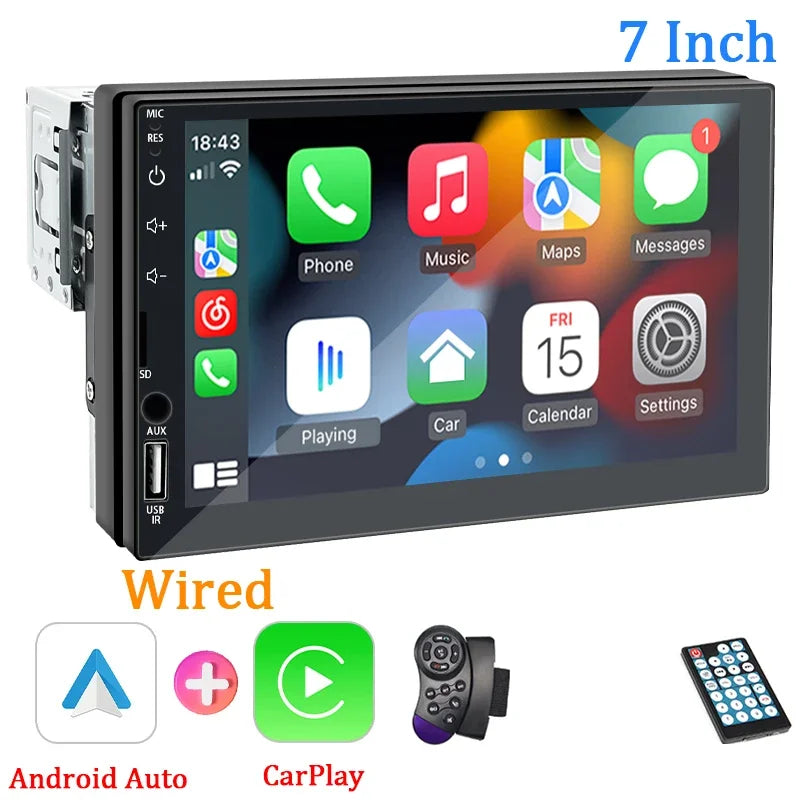 Radio de coche 1 Din Carplay Android Auto Reproductor multimedia HD Pantalla táctil de 7'' Entrada auxiliar FM Bluetooth MirrorLink Autoradio universal