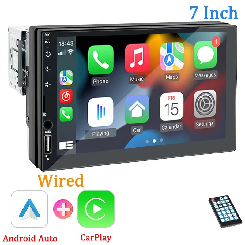 Radio de coche 1 Din Carplay Android Auto Reproductor multimedia HD Pantalla táctil de 7'' Entrada auxiliar FM Bluetooth MirrorLink Autoradio universal