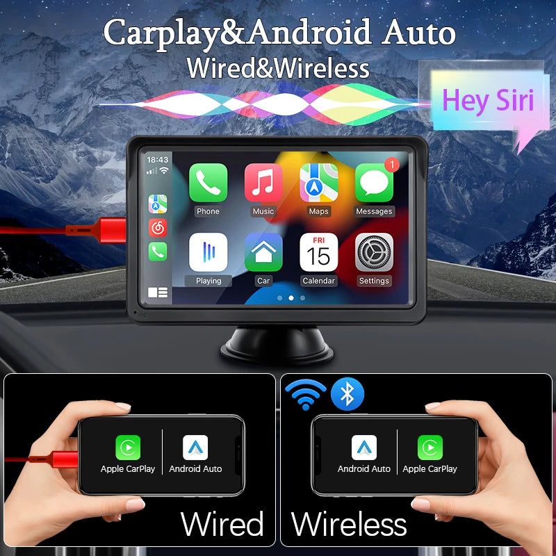 Hippcron - Radio para coche de 7 pulgadas, reproductor de vídeo multimedia, Carplay inalámbrico y Android Auto inalámbrico, pantalla táctil universal portátil