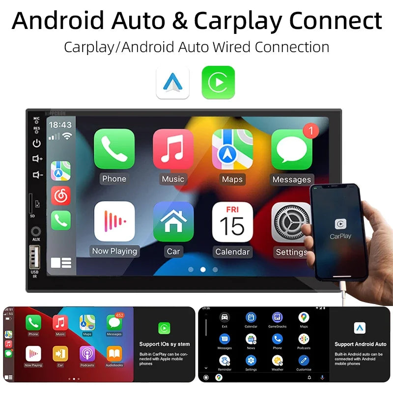 Radio de coche 1 Din Carplay Android Auto Reproductor multimedia HD Pantalla táctil de 7'' Entrada auxiliar FM Bluetooth MirrorLink Autoradio universal