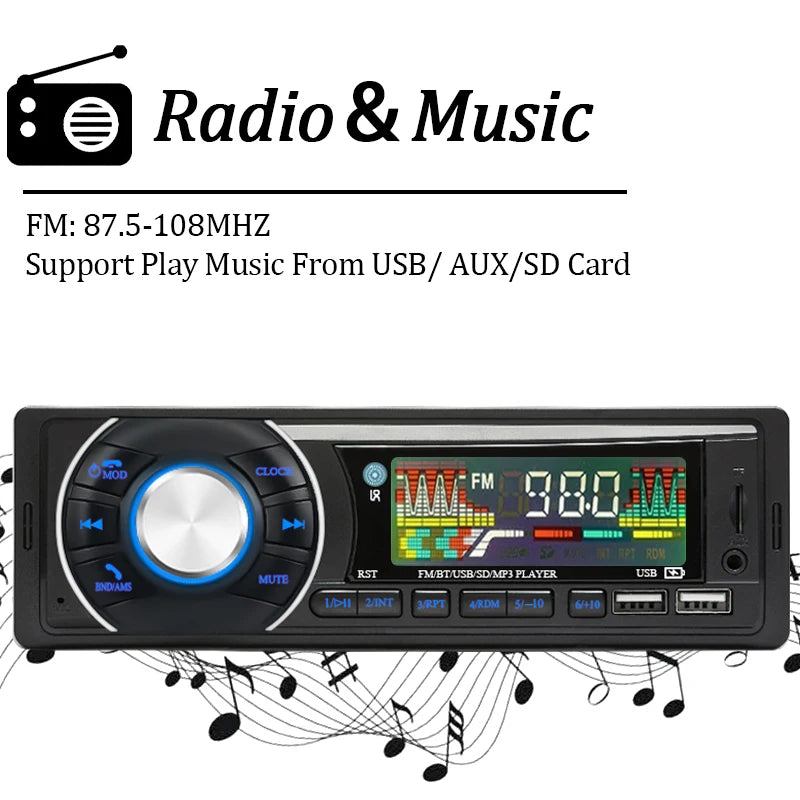 SINOVCLE - Radio de coche de 1 DIN con Bluetooth, reproductor de MP3 estéreo, receptor FM, 12 V, compatible con carga de teléfono, tarjeta AUX/USB/TF, kit para tablero