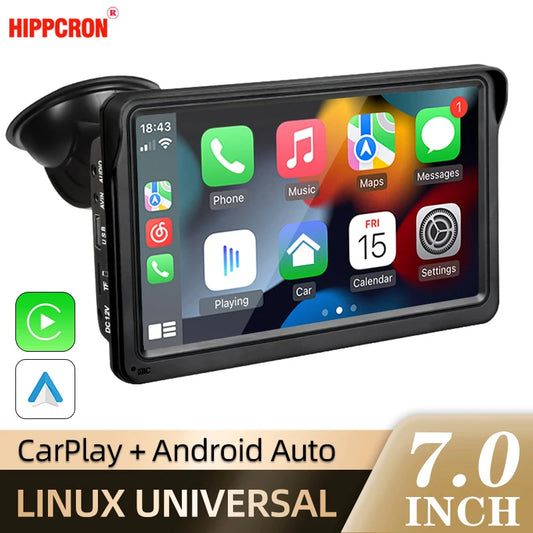 Hippcron - Radio para coche de 7 pulgadas, reproductor de vídeo multimedia, Carplay inalámbrico y Android Auto inalámbrico, pantalla táctil universal portátil