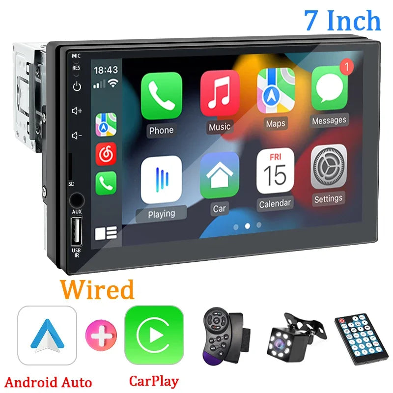 Radio de coche 1 Din Carplay Android Auto Reproductor multimedia HD Pantalla táctil de 7'' Entrada auxiliar FM Bluetooth MirrorLink Autoradio universal