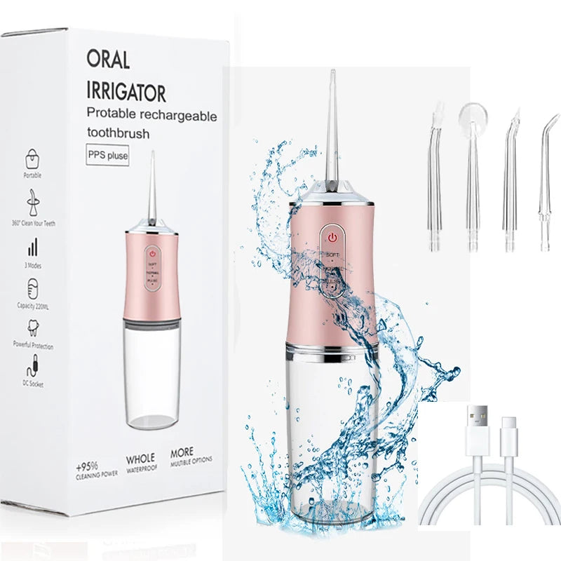 Irrigador bucal portátil USB, irrigador bucal con chorro de agua, herramientas de limpieza dental, 200 ml, 4 boquillas, agentes de limpieza bucal